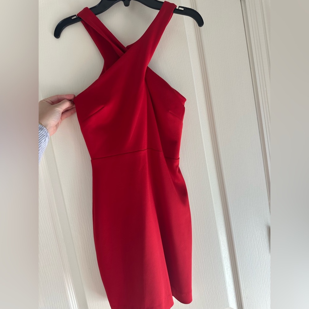 Red cris cross neck homecoming dress short